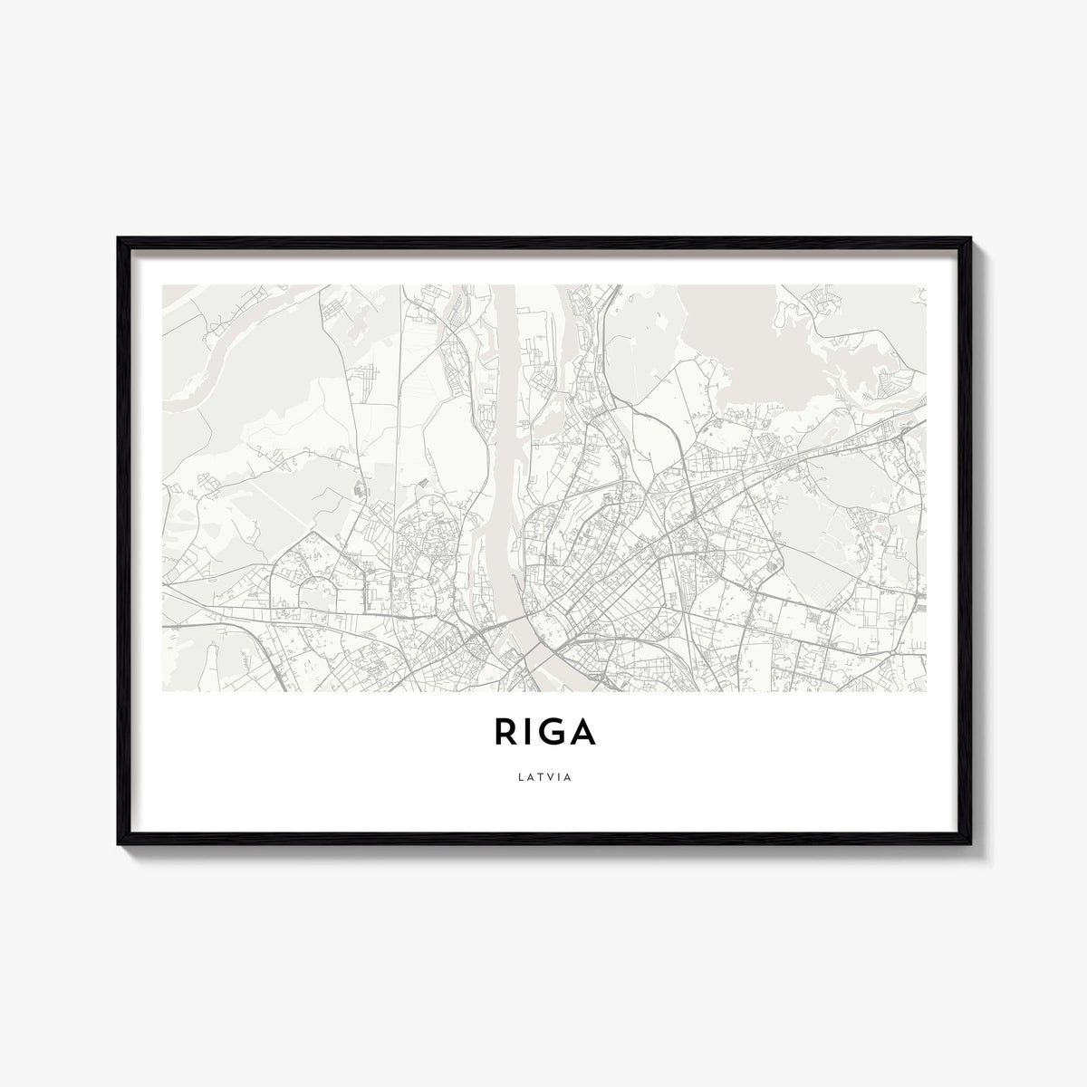 Riga black & white map poster of Latvia – horizontal wall art, unframed print shown in interior mockup