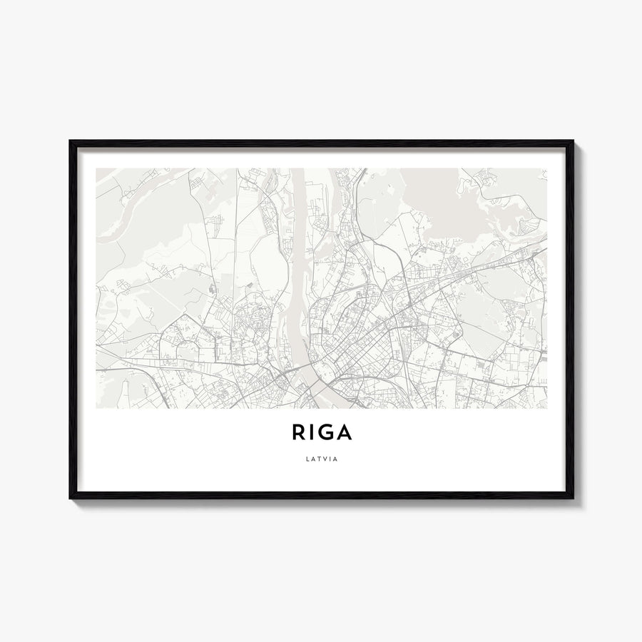 Riga black & white map poster of Latvia – horizontal wall art, unframed print shown in interior mockup