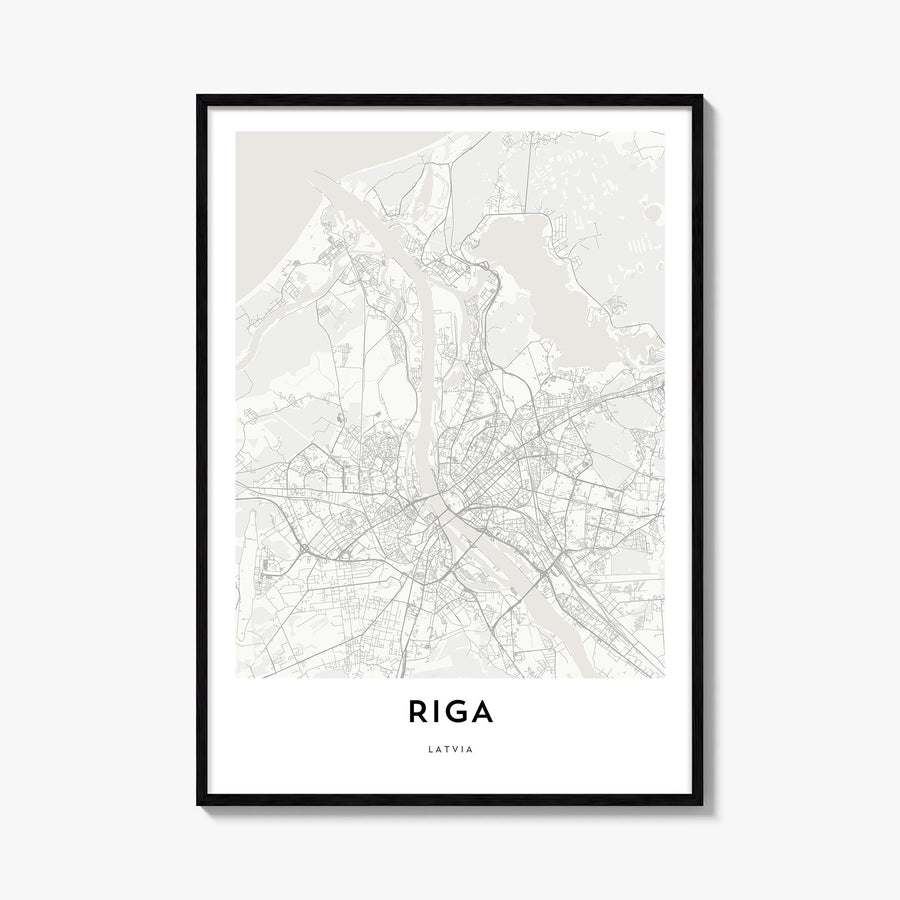 Riga black & white map poster of Latvia – vertical wall art, unframed print shown in interior mockup