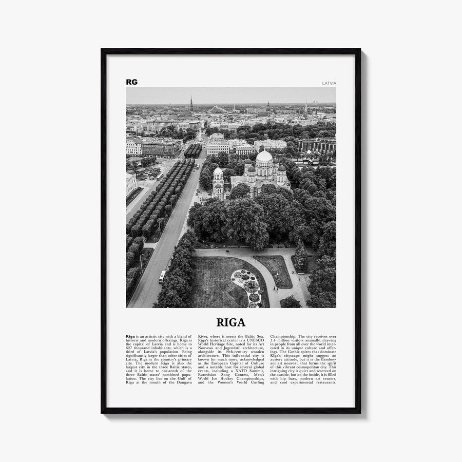 Riga black & white newspaper poster of Latvia – vertical wall art, unframed print shown in interior mockup