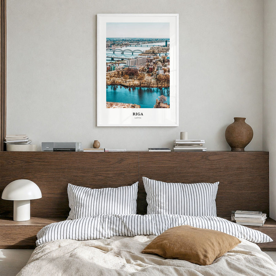 Riga Classic Poster in a white wood frame, hanging in a bedroom