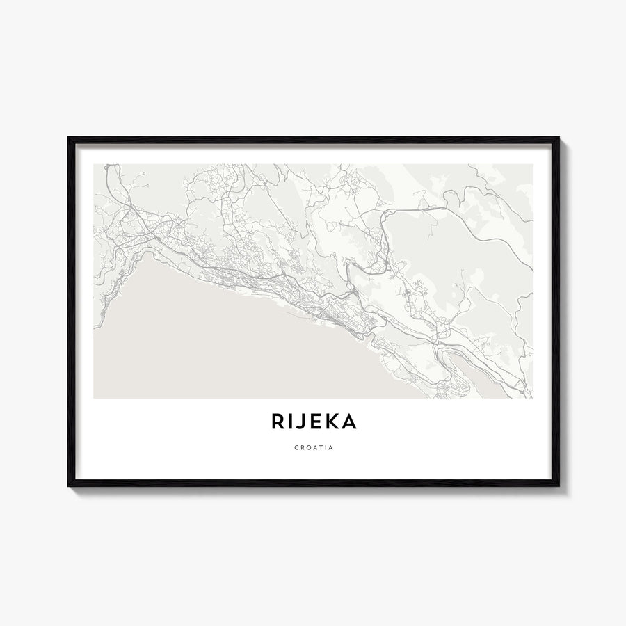 Rijeka black & white map poster of Croatia – horizontal wall art, unframed print shown in interior mockup