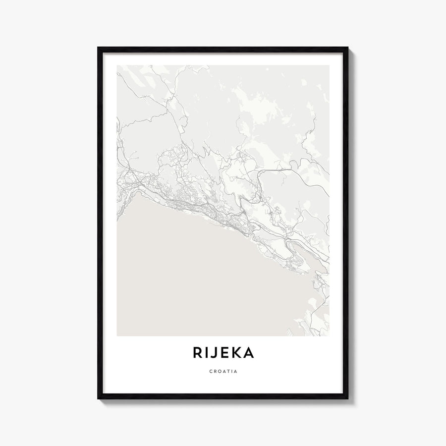 Rijeka black & white map poster of Croatia – vertical wall art, unframed print shown in interior mockup
