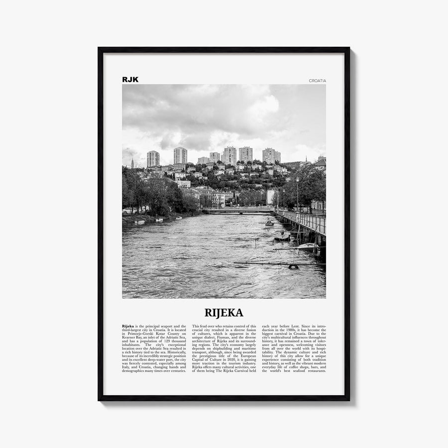 Rijeka black & white newspaper poster of Croatia – vertical wall art, unframed print shown in interior mockup