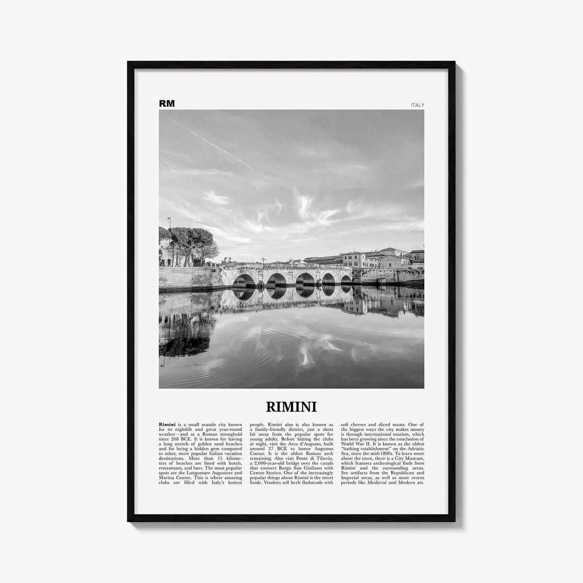 Rimini black & white newspaper poster of Italy – vertical wall art, unframed print shown in interior mockup