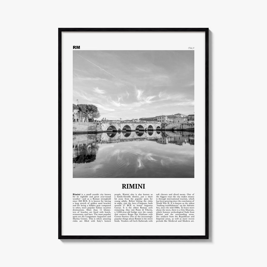 Rimini black & white newspaper poster of Italy – vertical wall art, unframed print shown in interior mockup