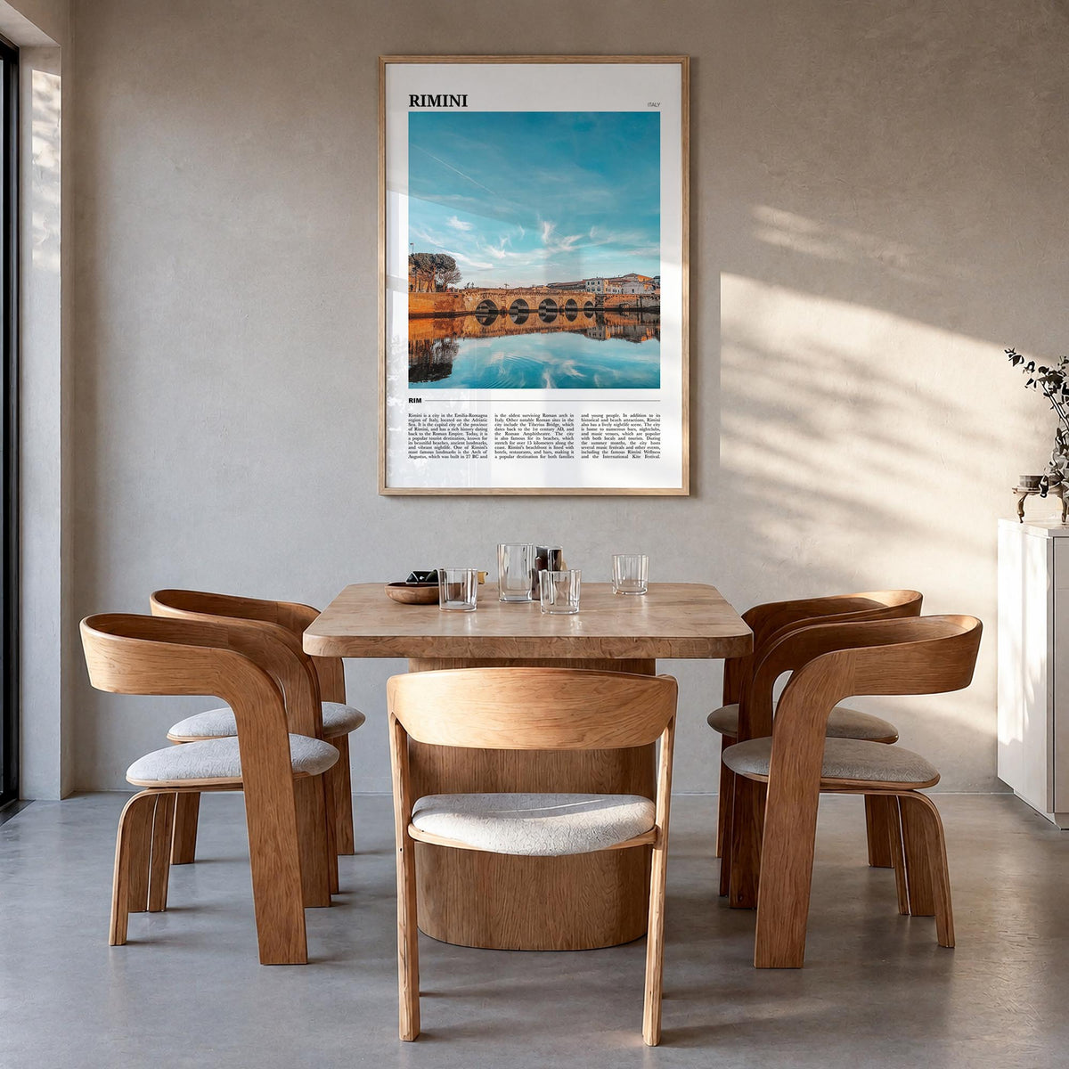 Rimini colorful travel poster of Italy – vertical wall art in natural wood frame, hanging on wall