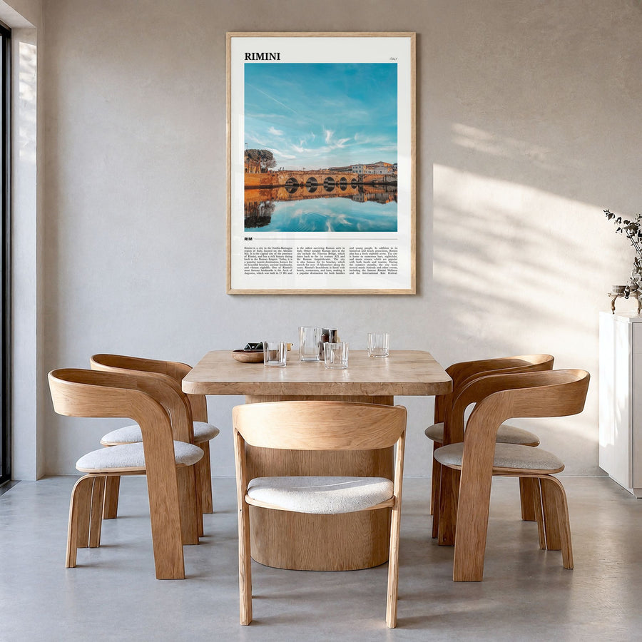 Rimini Travel Poster in a natural wood frame, hanging in a dining room