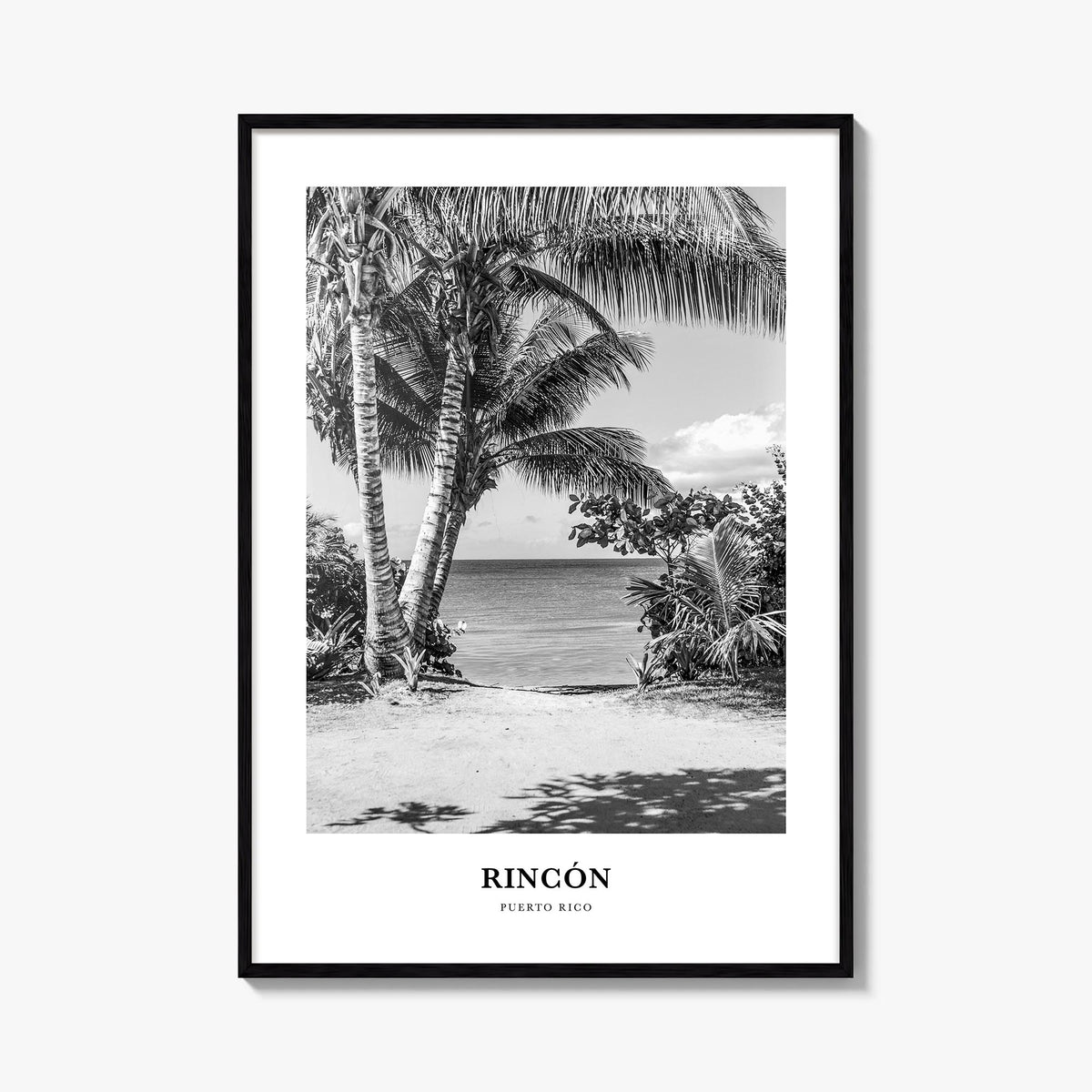 Rincón black & white classic poster of Puerto Rico – vertical wall art, unframed print shown in interior mockup