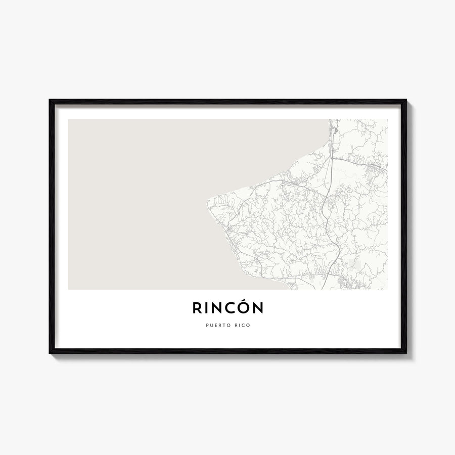 Rincón black & white map poster of Puerto Rico – horizontal wall art, unframed print shown in interior mockup