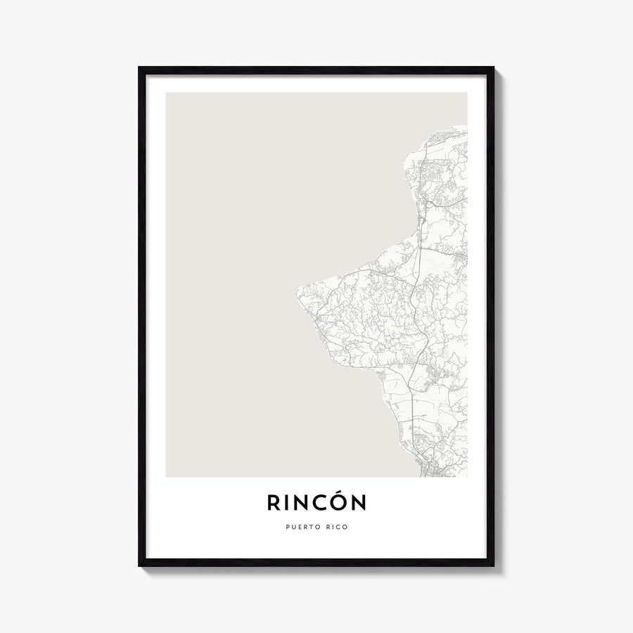Rincón black & white map poster of Puerto Rico – vertical wall art, unframed print shown in interior mockup