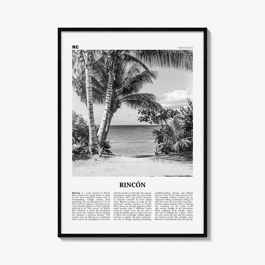 Rincón black & white newspaper poster of Puerto Rico – vertical wall art, unframed print shown in interior mockup