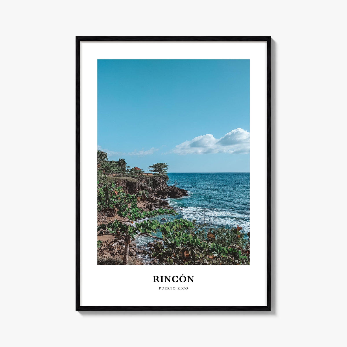 Rincón colorful classic poster of Puerto Rico – vertical wall art, unframed print shown in interior mockup