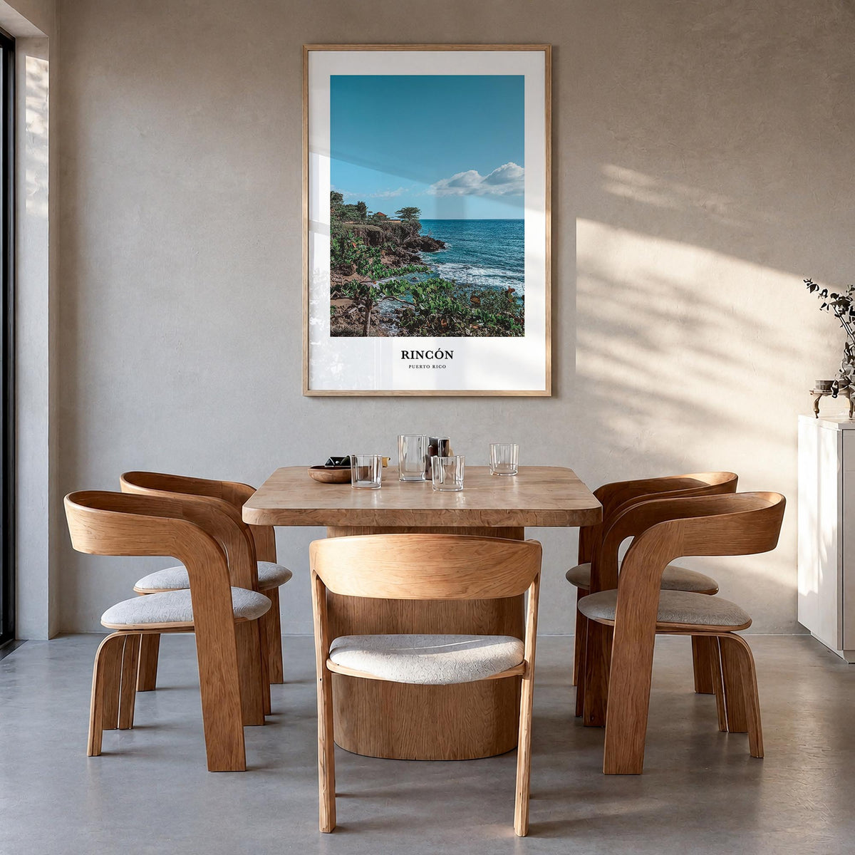 Rincón colorful classic poster of Puerto Rico – vertical wall art in natural wood frame, hanging on wall