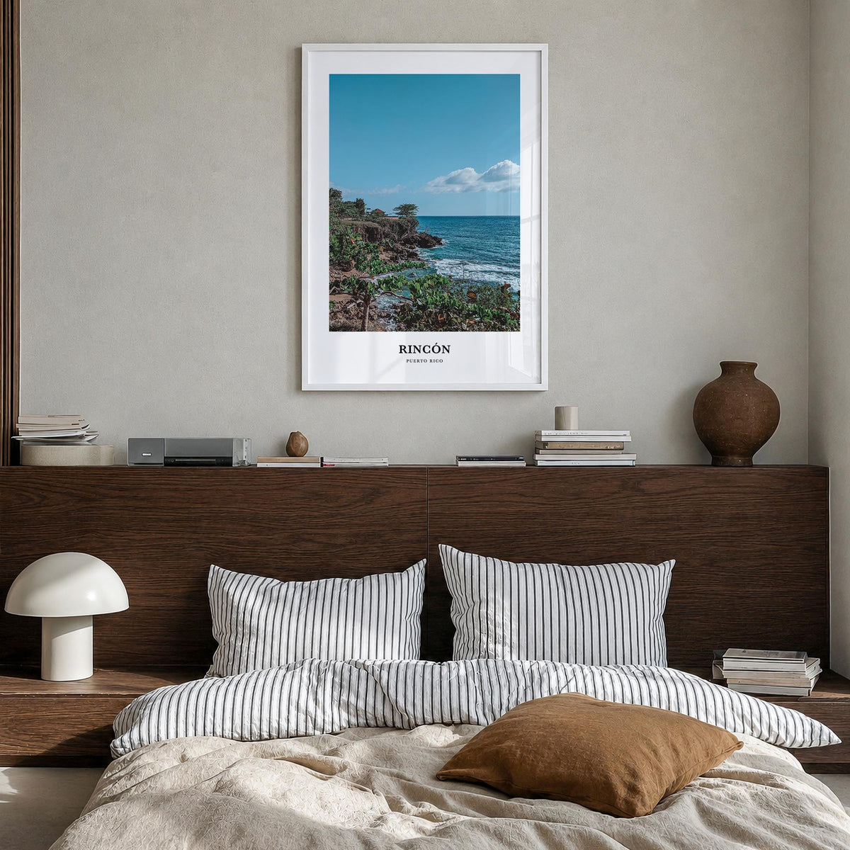 Rincón colorful classic poster of Puerto Rico – vertical wall art in white wood frame, hanging on wall