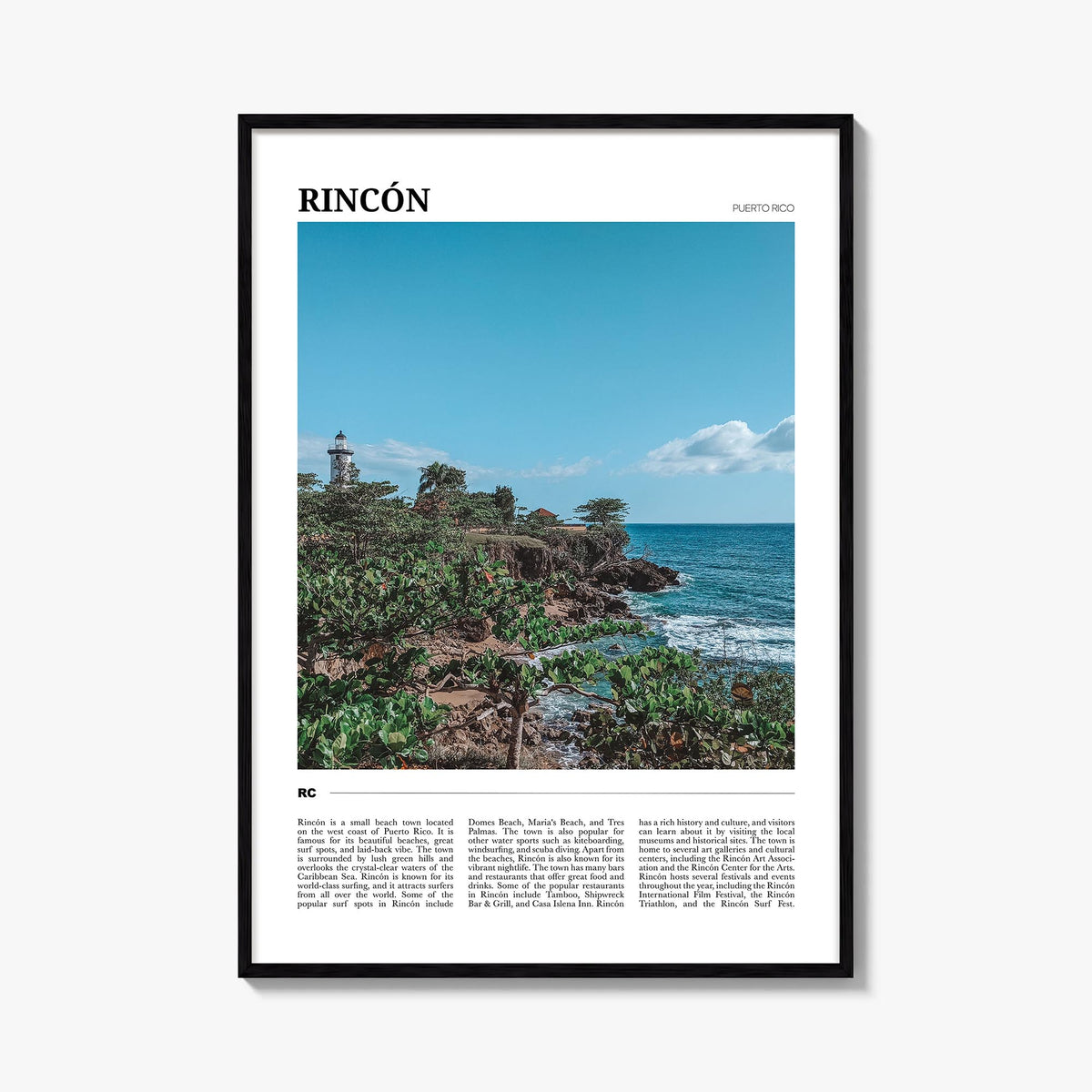 Rincón colorful travel poster of Puerto Rico – vertical wall art, unframed print shown in interior mockup