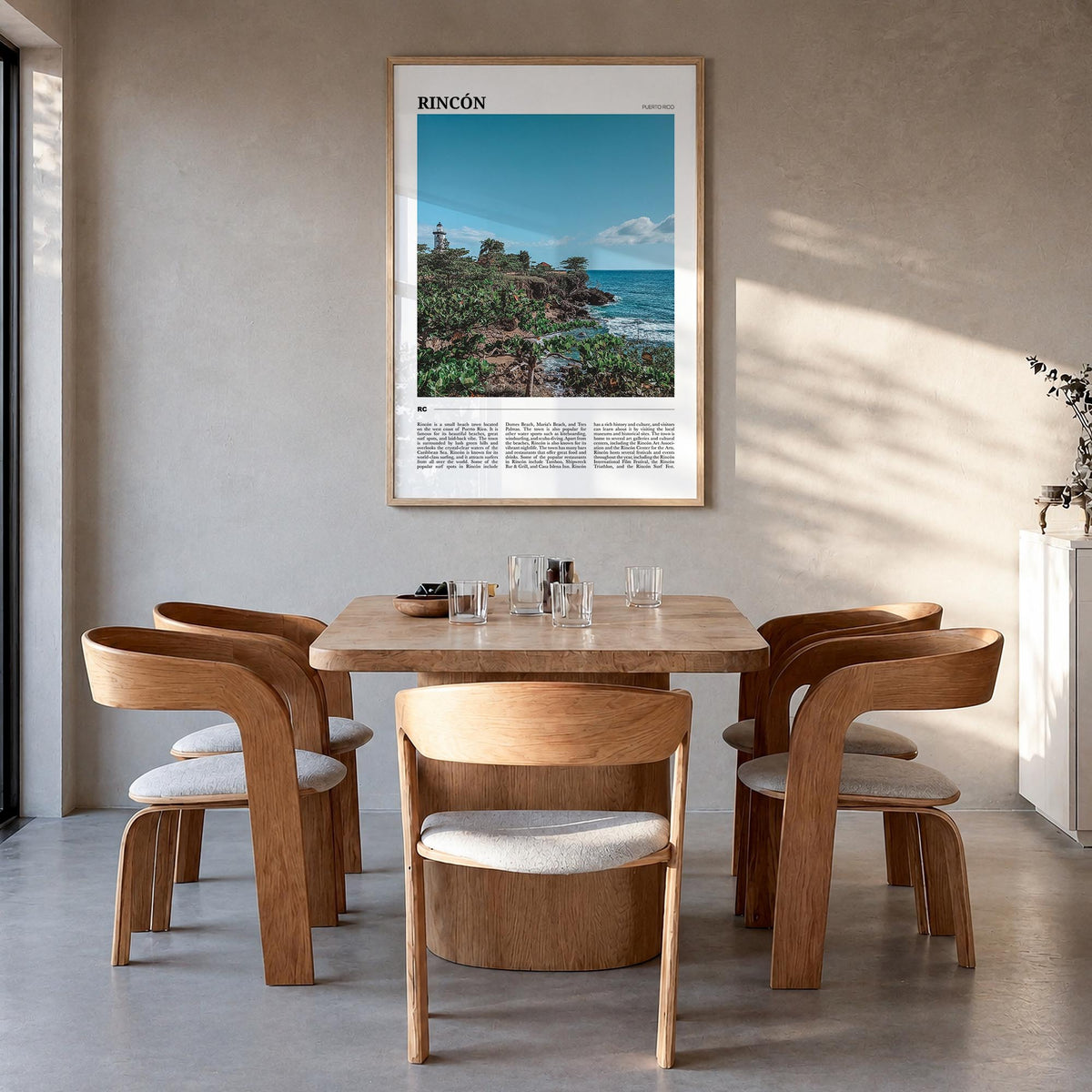 Rincón colorful travel poster of Puerto Rico – vertical wall art in natural wood frame, hanging on wall