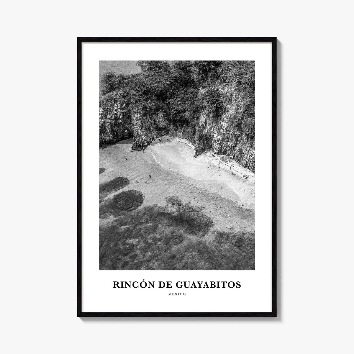Rincón de Guayabitos black & white classic poster of Mexico – vertical wall art, unframed print shown in interior mockup