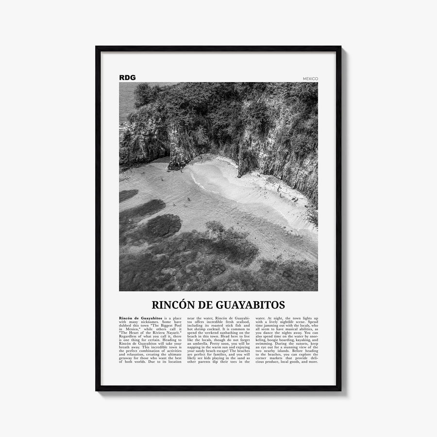 Rincón de Guayabitos black & white newspaper poster of Mexico – vertical wall art, unframed print shown in interior mockup