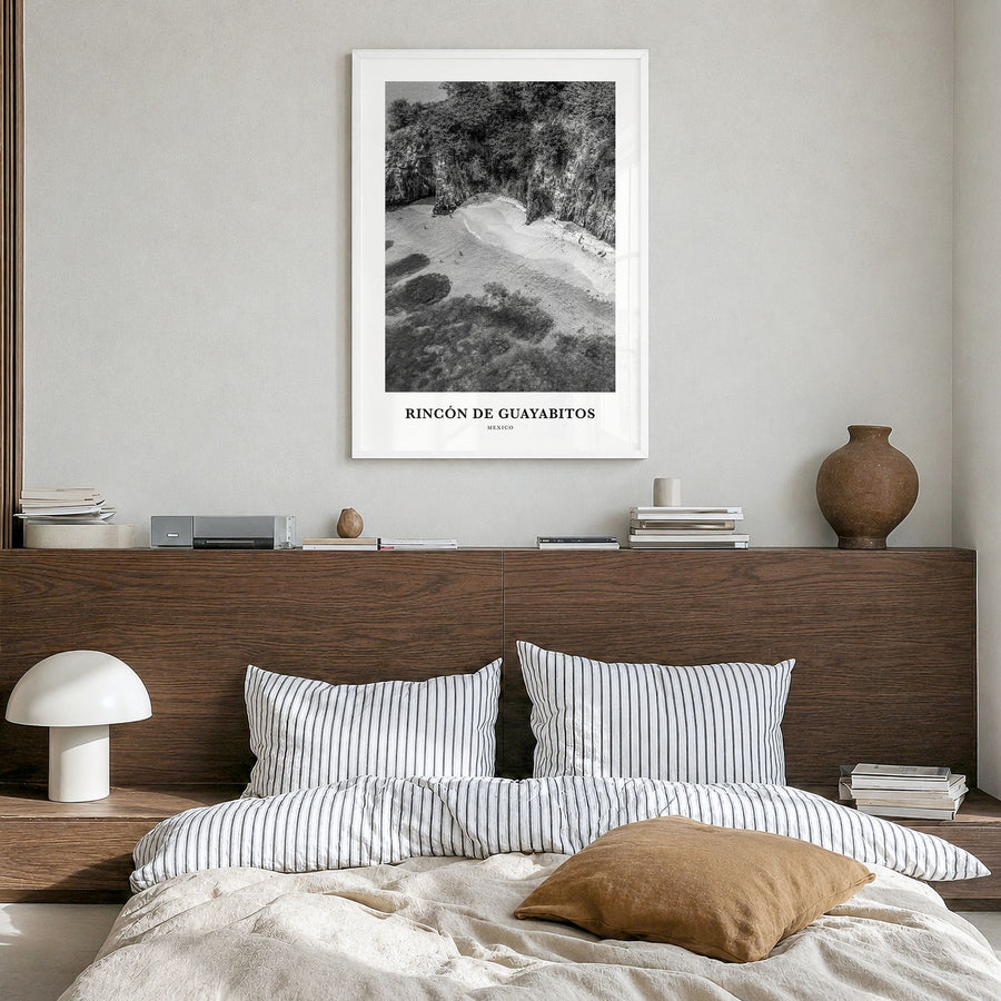 Rincón de Guayabitos Classic Poster in a white wood frame, hanging in a bedroom