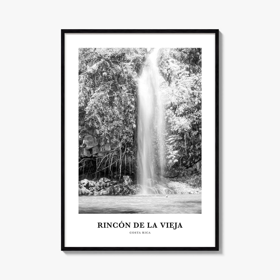 Rincón de la Vieja black & white classic poster of Costa Rica – vertical wall art, unframed print shown in interior mockup