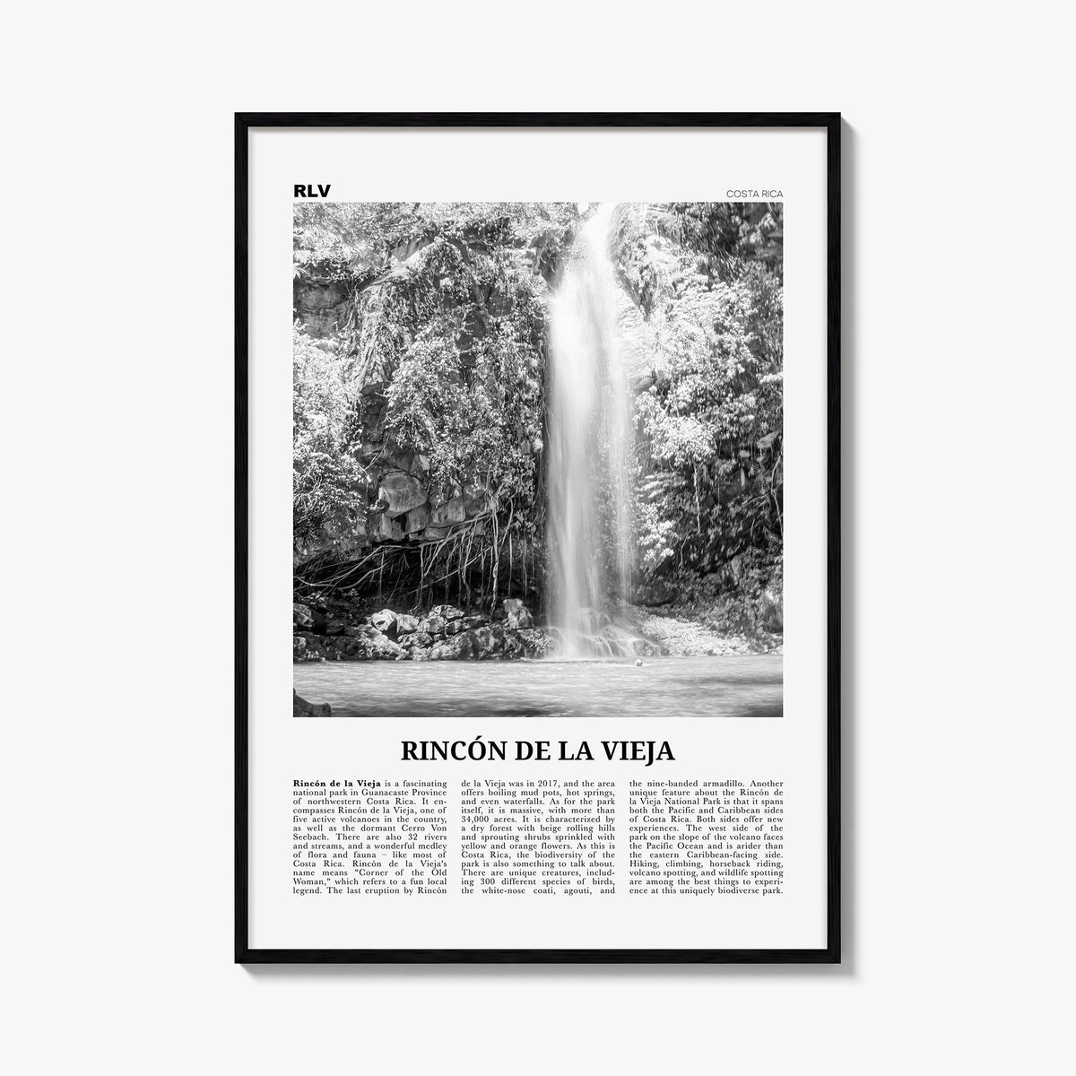 Rincón de la Vieja black & white newspaper poster of Costa Rica – vertical wall art, unframed print shown in interior mockup
