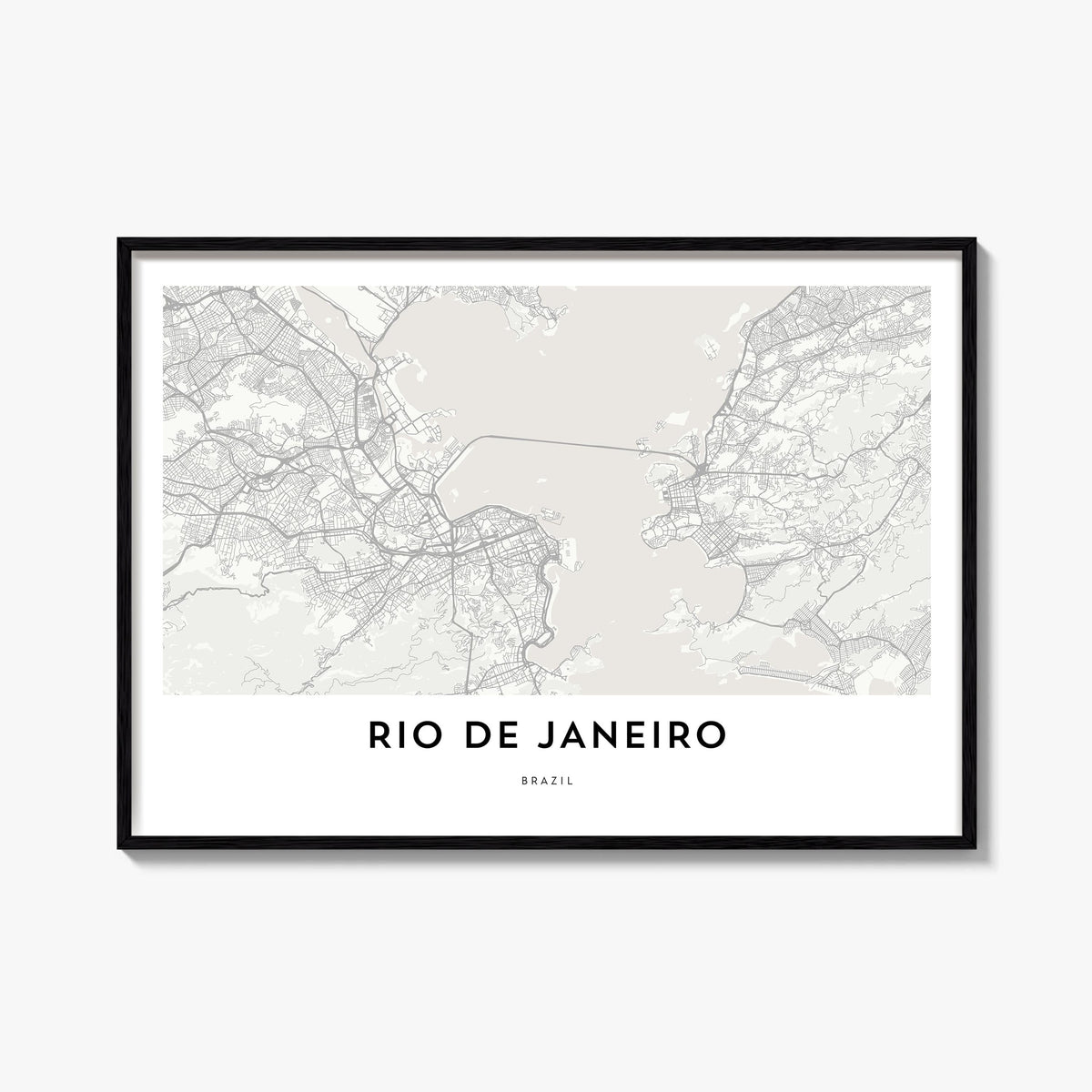 Rio de Janeiro black & white map poster of Brazil – horizontal wall art, unframed print shown in interior mockup
