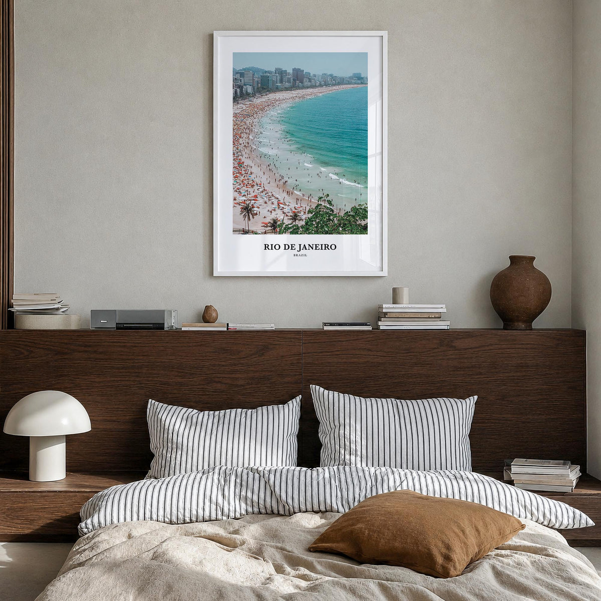 Rio de Janeiro colorful classic poster of Brazil – vertical wall art in white wood frame, hanging on wall