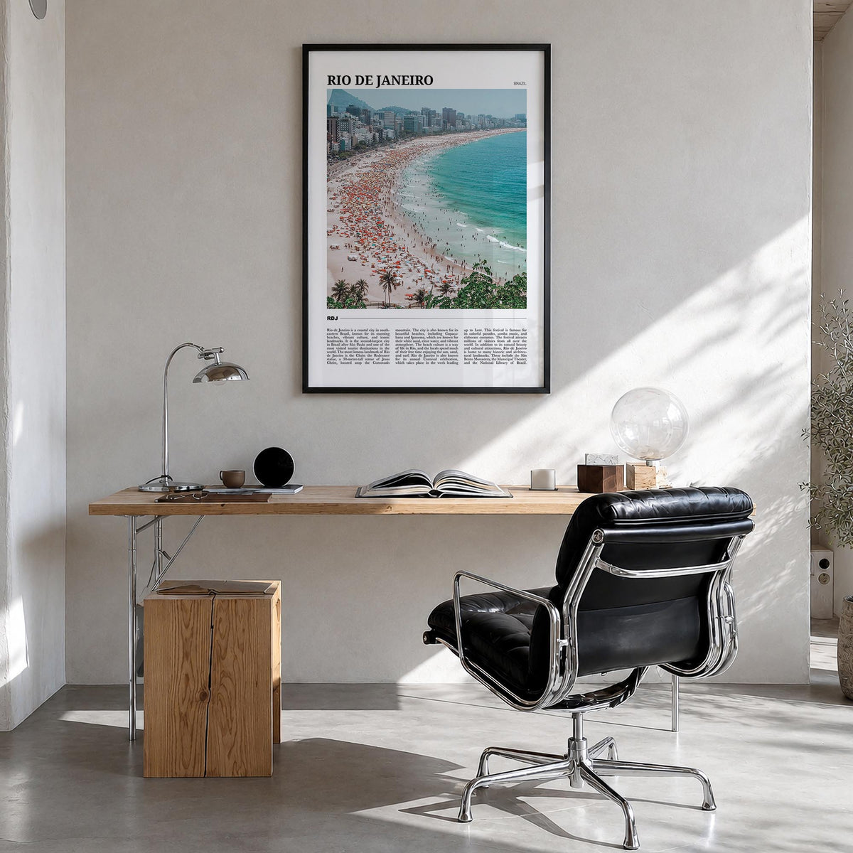 Rio de Janeiro colorful travel poster of Brazil – vertical wall art in black wood frame, hanging on wall