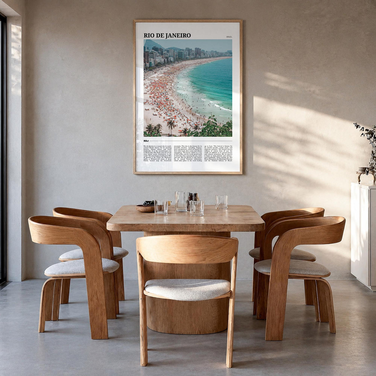 Rio de Janeiro colorful travel poster of Brazil – vertical wall art in natural wood frame, hanging on wall