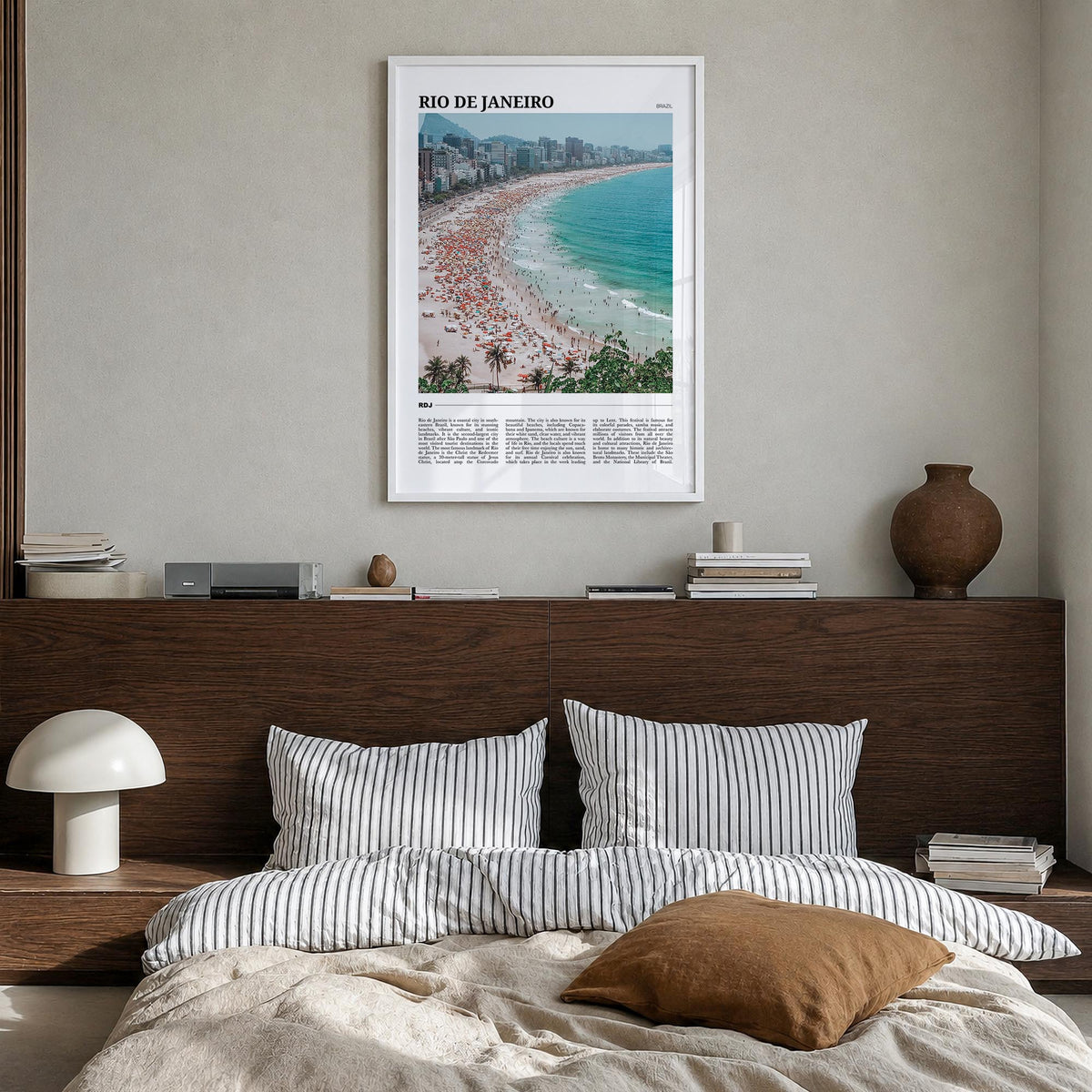 Rio de Janeiro colorful travel poster of Brazil – vertical wall art in white wood frame, hanging on wall