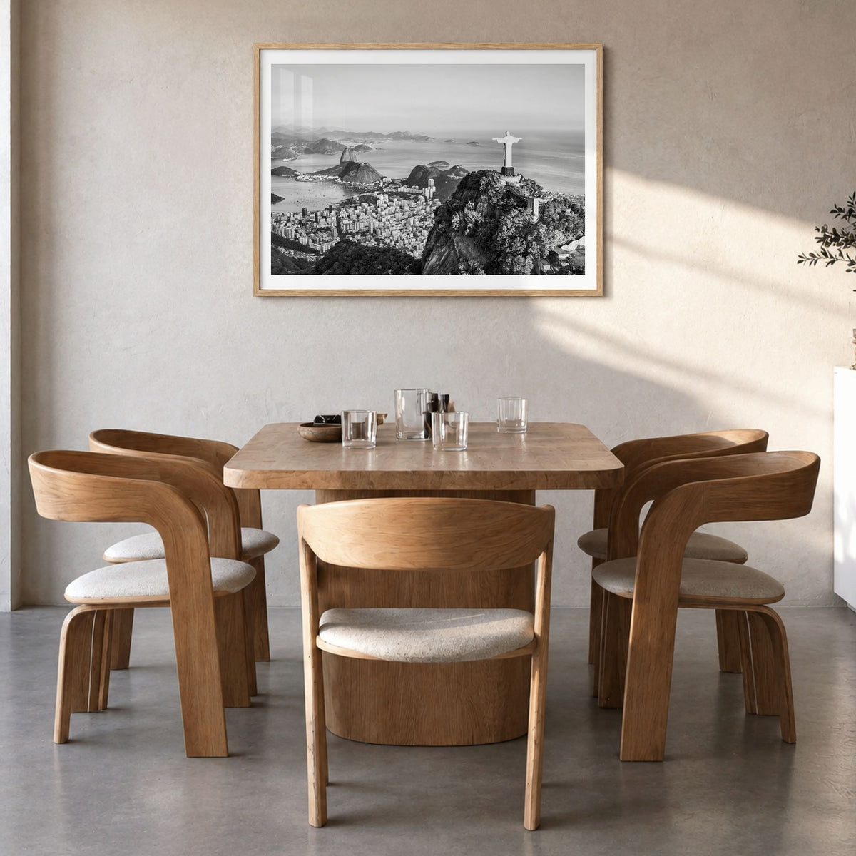 Rio de Janeiro Photo Poster in a natural wood frame, hanging in a dining room, white border