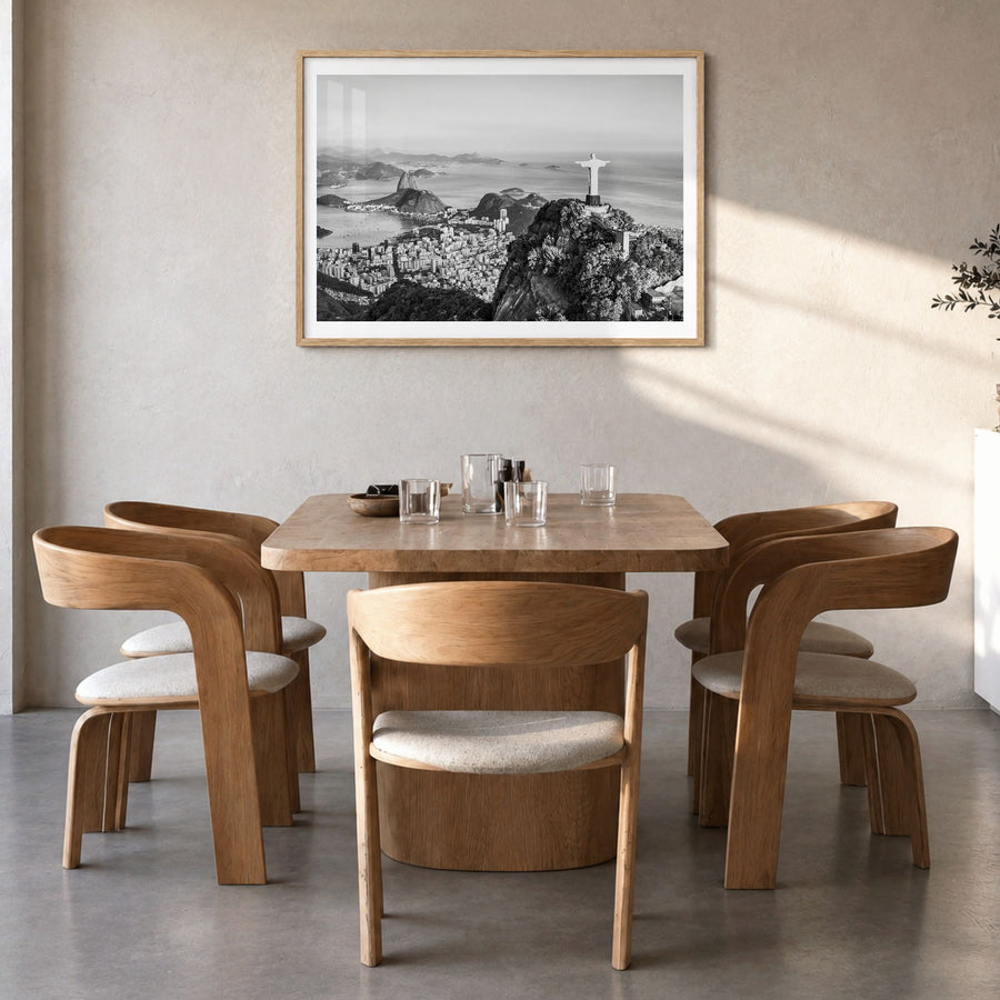 Rio de Janeiro Photo Poster in a natural wood frame, hanging in a dining room, white border