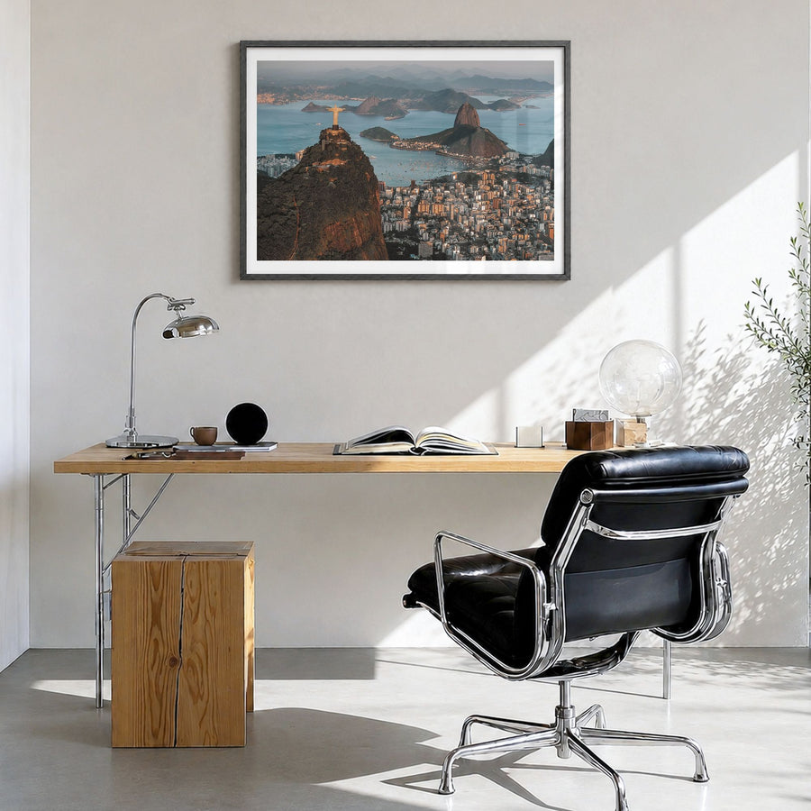 Rio de Janeiro Photo Poster in a black wood frame, hanging in a bright home office, white border