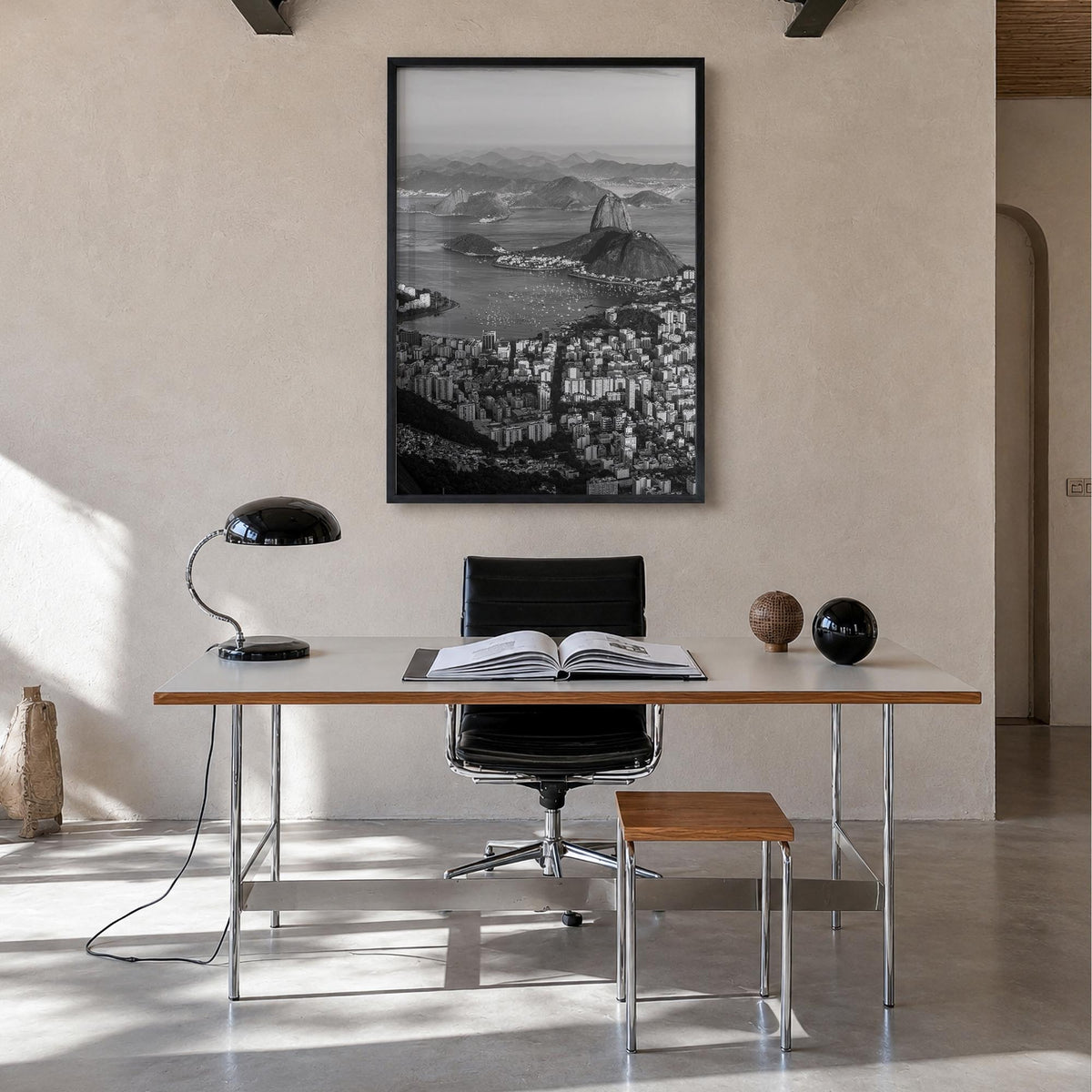 Rio de Janeiro no. 1 black & white photo poster of Brazil – vertical wall art in black wood frame, hanging on wall