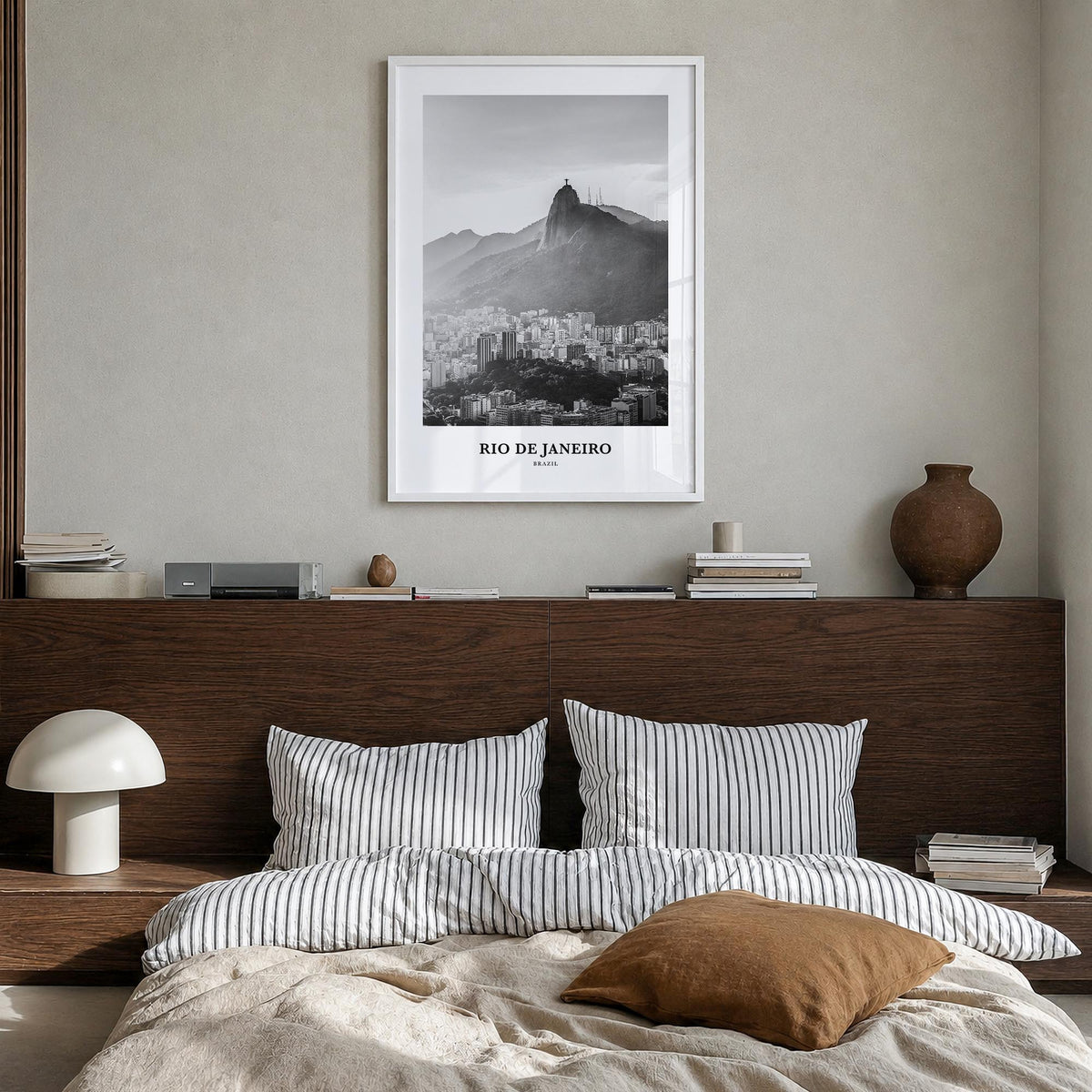 Rio de Janeiro no. 4 black & white classic poster of Brazil – vertical wall art in white wood frame, hanging on wall