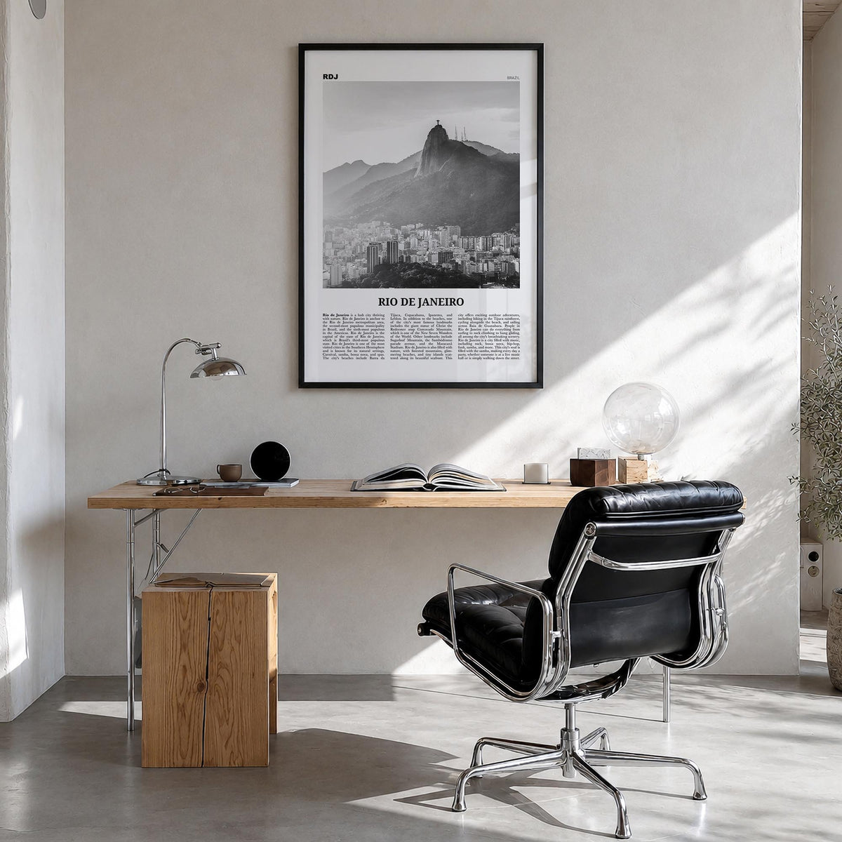 Rio de Janeiro no. 5 black & white newspaper poster of Brazil – vertical wall art in black wood frame, hanging on wall