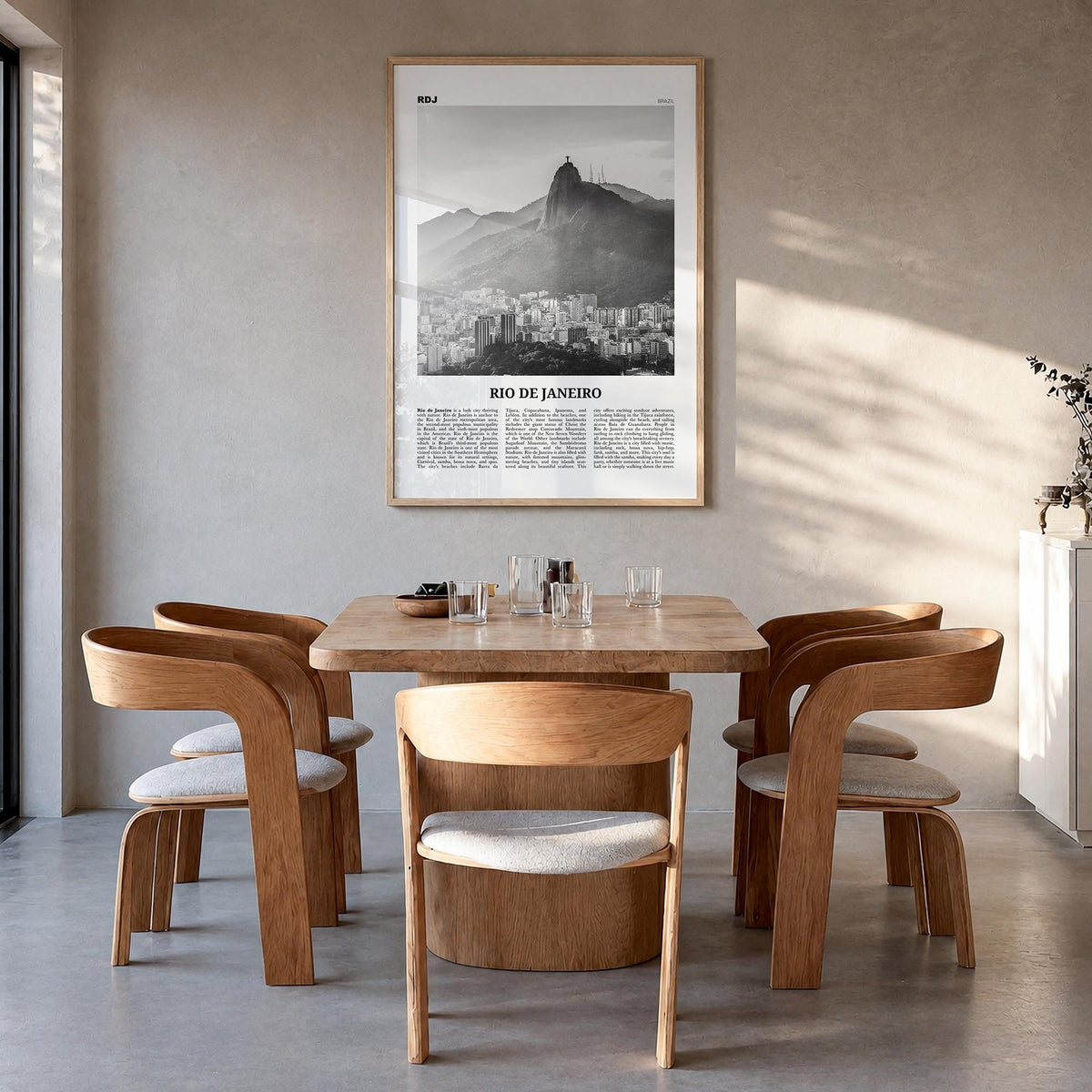 Rio de Janeiro no. 5 black & white newspaper poster of Brazil – vertical wall art in natural wood frame, hanging on wall