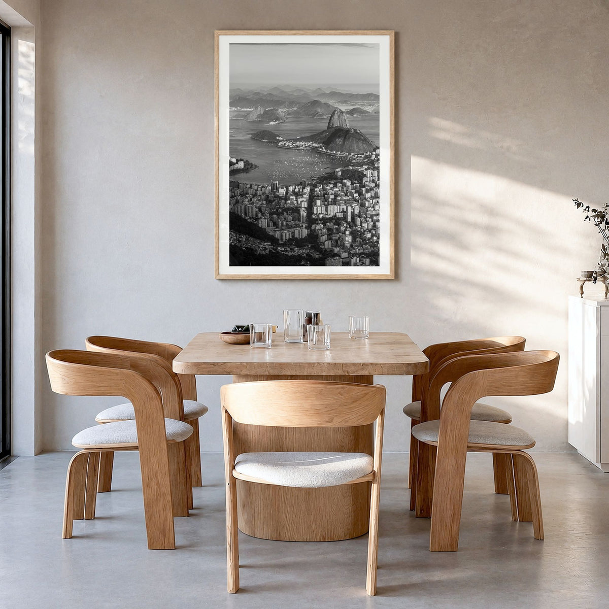 Rio de Janeiro Photo No 1 Poster in a natural wood frame, hanging in a dining room, white border