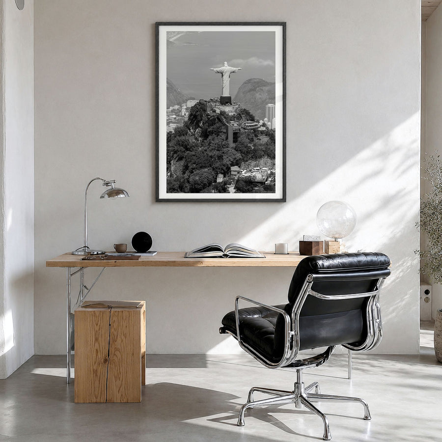 Rio de Janeiro Photo No 2 Poster in a black wood frame, hanging in a bright home office, white border