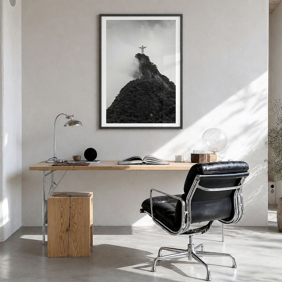 Rio de Janeiro Photo No 4 Poster in a black wood frame, hanging in a bright home office, white border