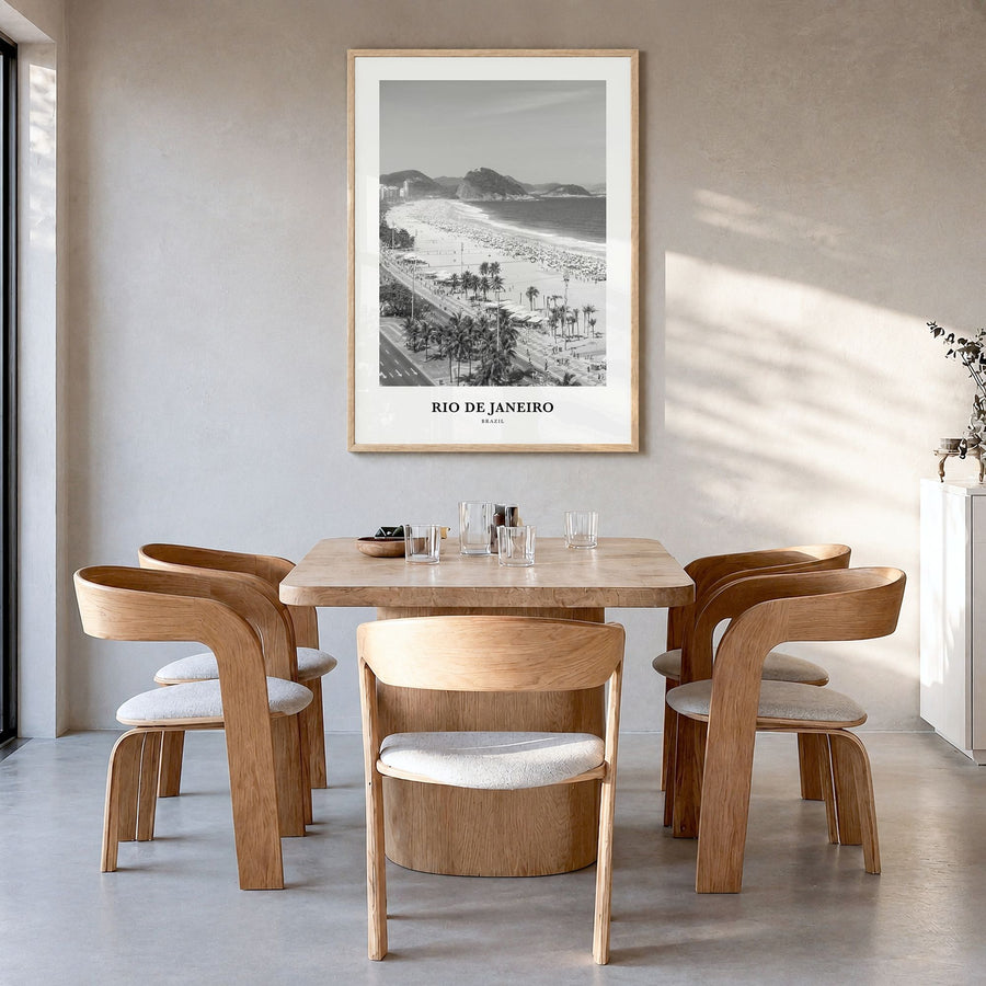 Rio de Janeiro Classic No 1 Poster in a natural wood frame, hanging in a dining room