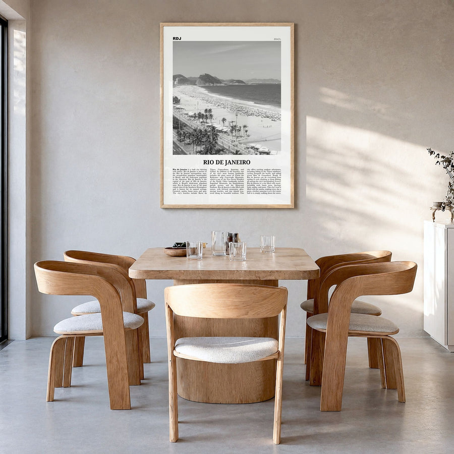 Rio de Janeiro Newspaper No 4 Poster in a natural wood frame, hanging in a dining room