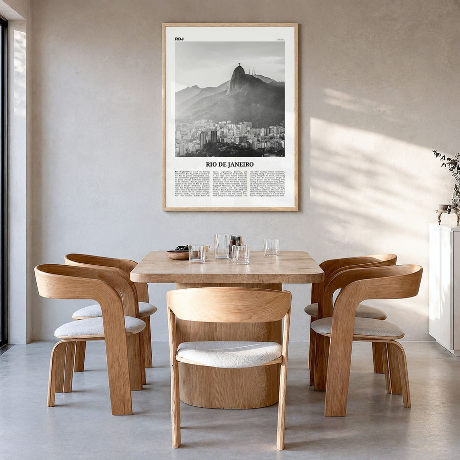Rio de Janeiro Newspaper No 5 Poster in a natural wood frame, hanging in a dining room