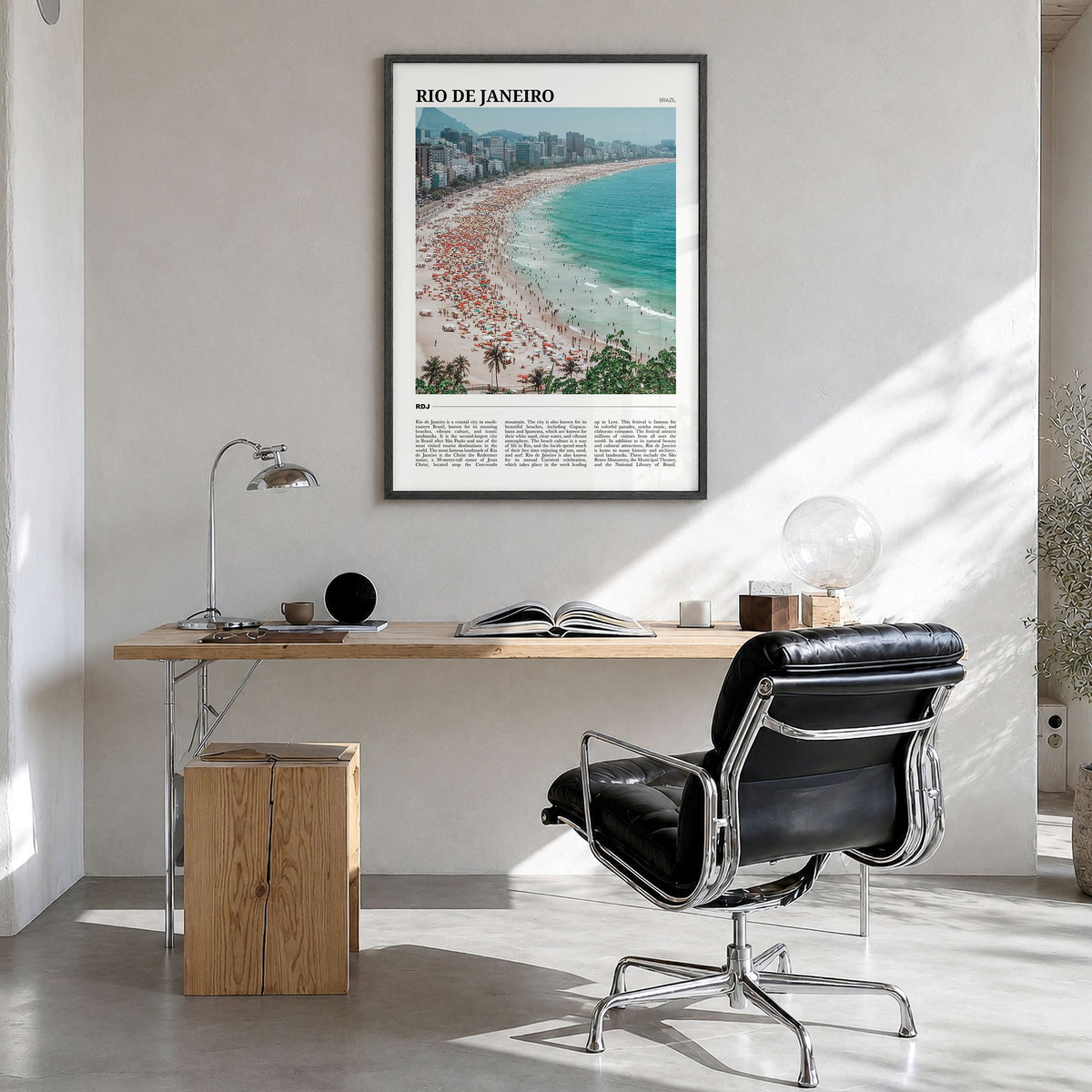 Rio de Janeiro Travel Poster in a black wood frame, hanging in a bright home office
