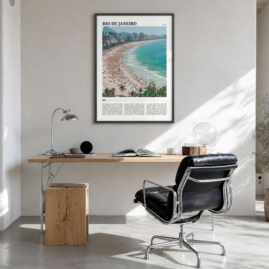 Rio de Janeiro Travel Poster in a black wood frame, hanging in a bright home office