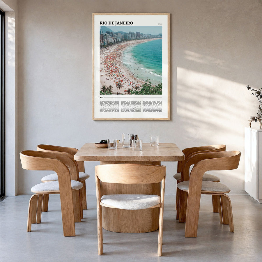 Rio de Janeiro Travel Poster in a natural wood frame, hanging in a dining room