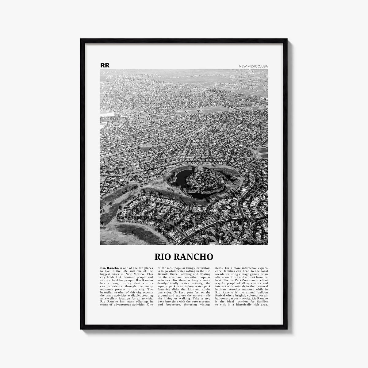 Rio Rancho black & white newspaper poster of New Mexico, USA – vertical wall art, unframed print shown in interior mockup