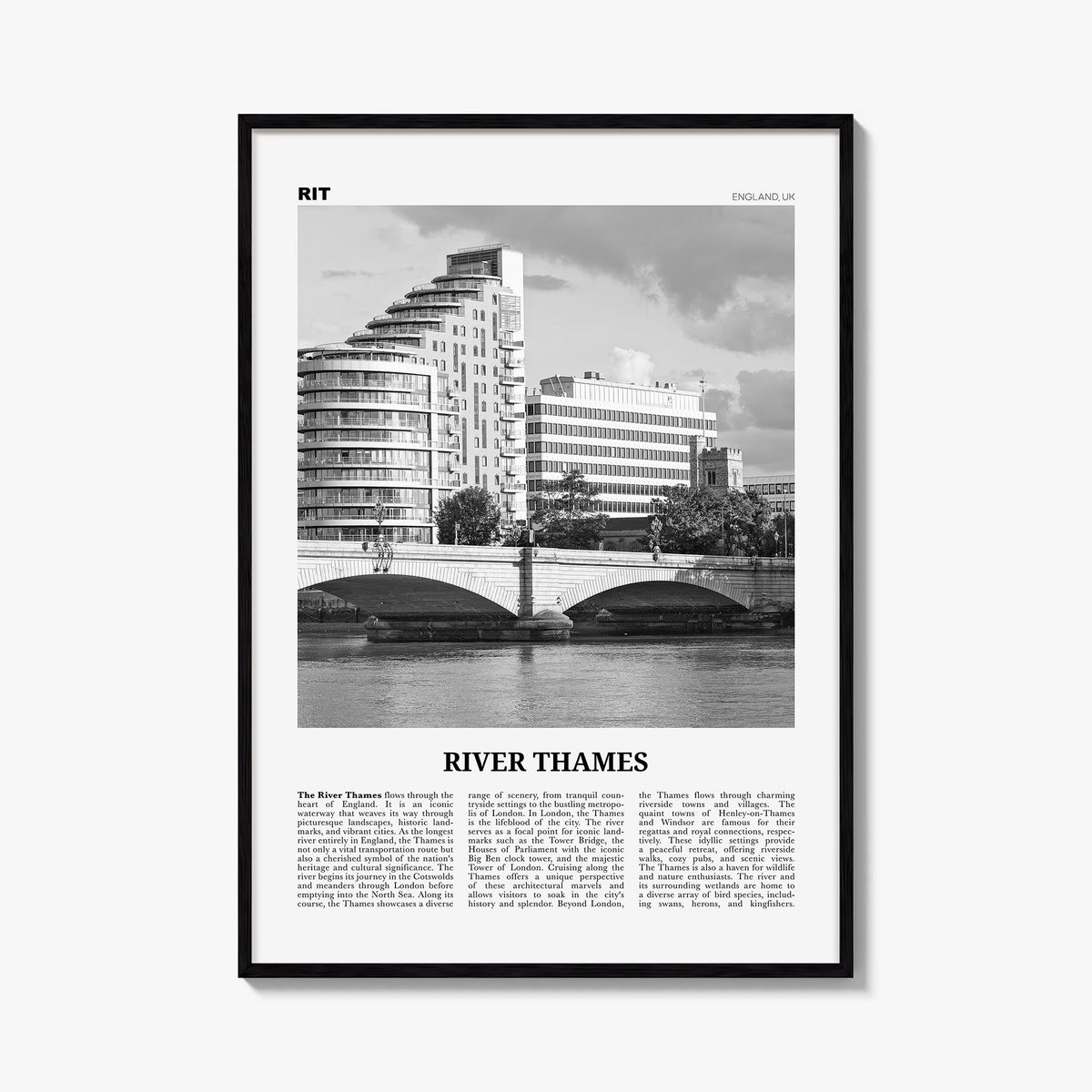 River Thames black & white newspaper poster of United Kingdom – vertical wall art, unframed print shown in interior mockup