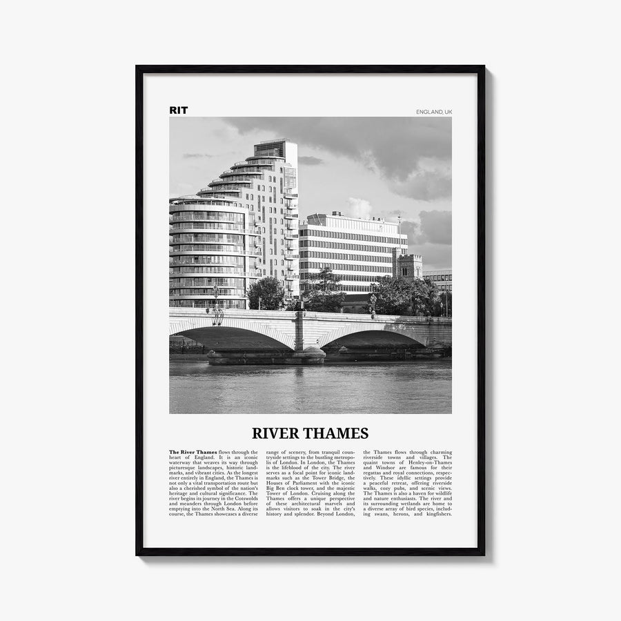 River Thames black & white newspaper poster of United Kingdom – vertical wall art, unframed print shown in interior mockup